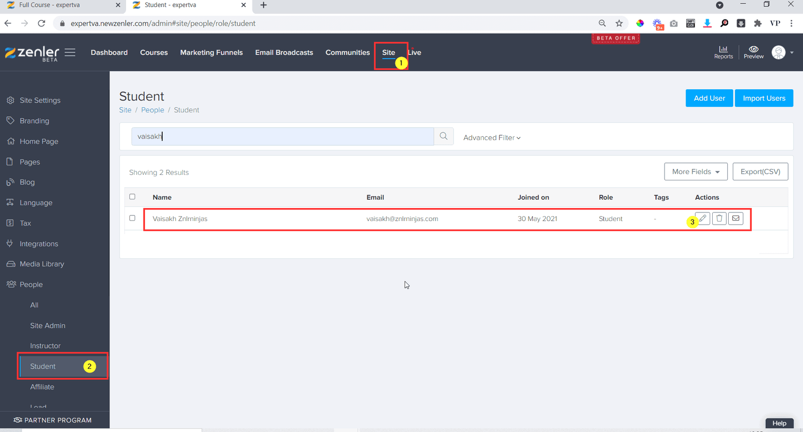 Go to Site people student and search the name of the student and click on edit button near the student details