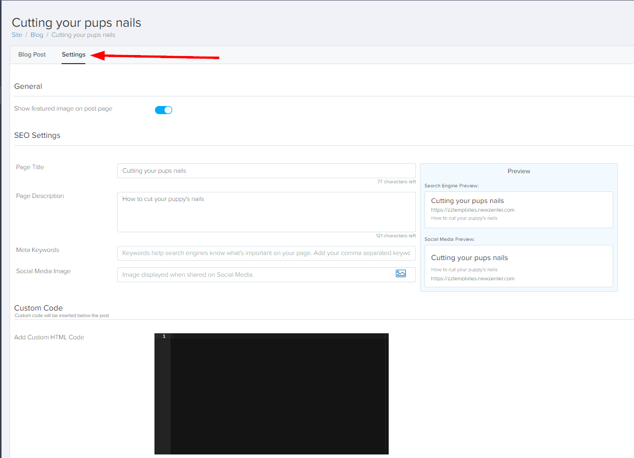 Settings tab