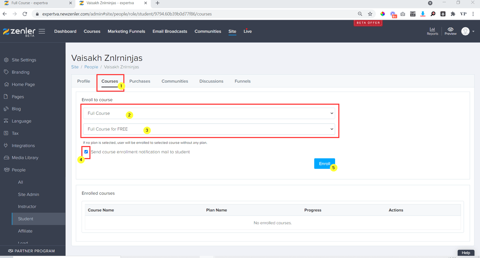 go to courses tab and select the course to enrol