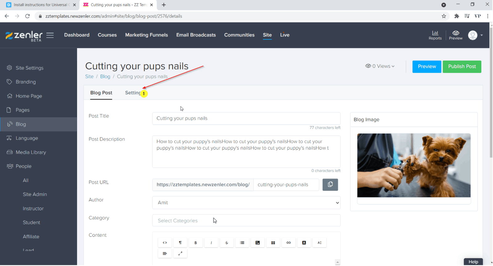 go to blog post settings