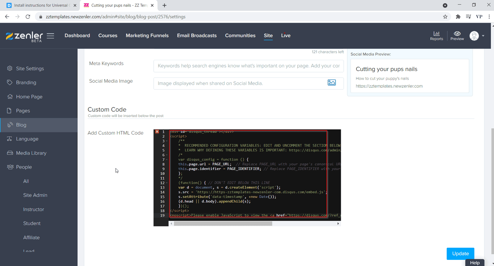 paste the code and click on update
