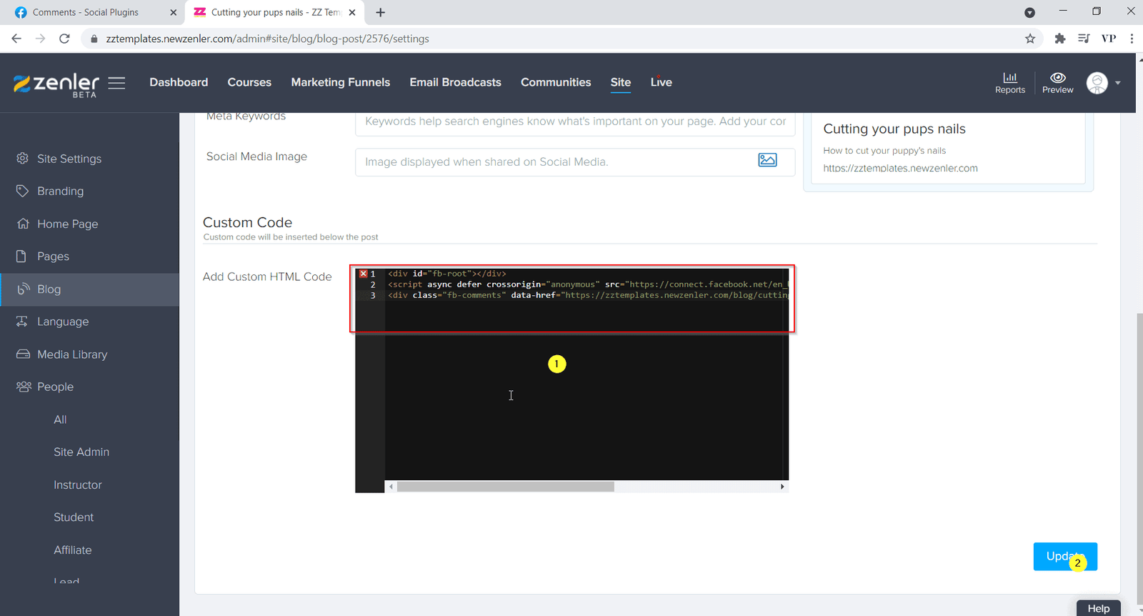 paste the code and click update