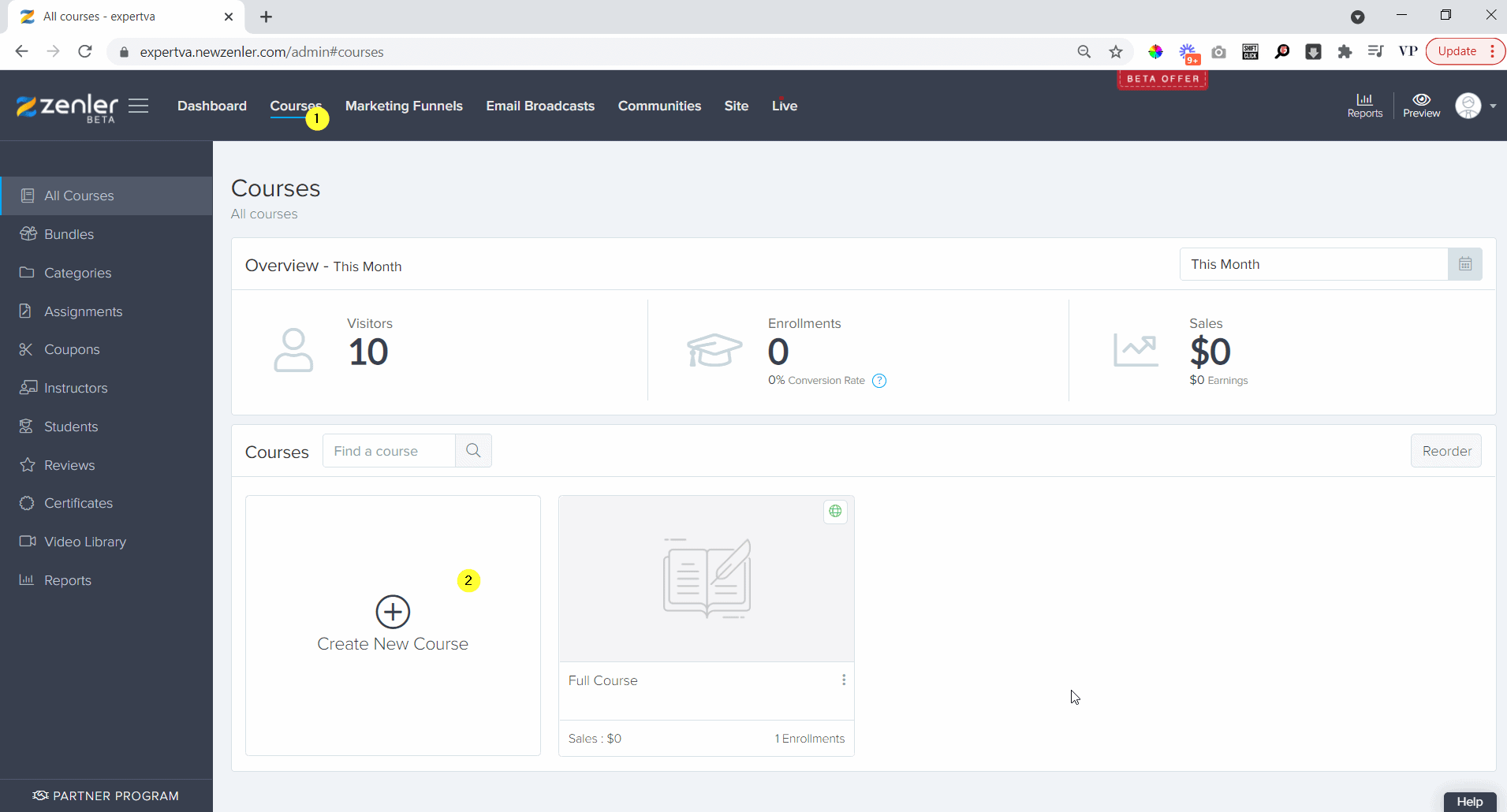 Go to Dashboard then Couses and click on create course